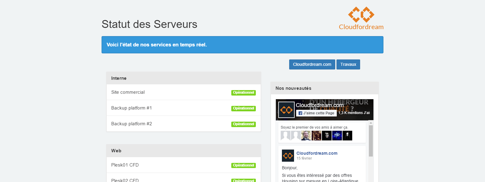 Cloudfordream Status - projet réalisé par Agence web Nity Pro (Florian LEROY)